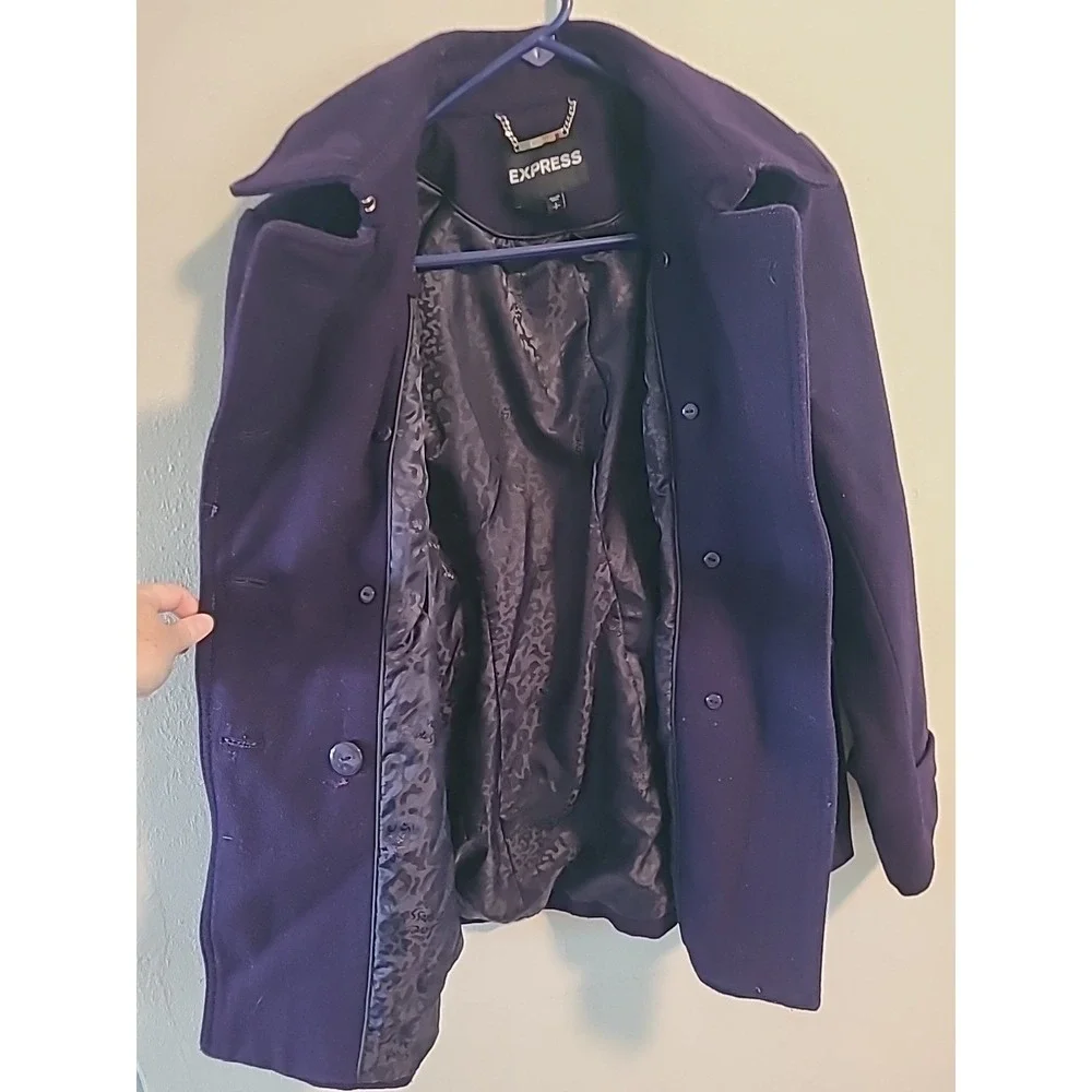 Express Womens Peacoat‎ Plum Purple Small Double Black Buttons Pockets Coat